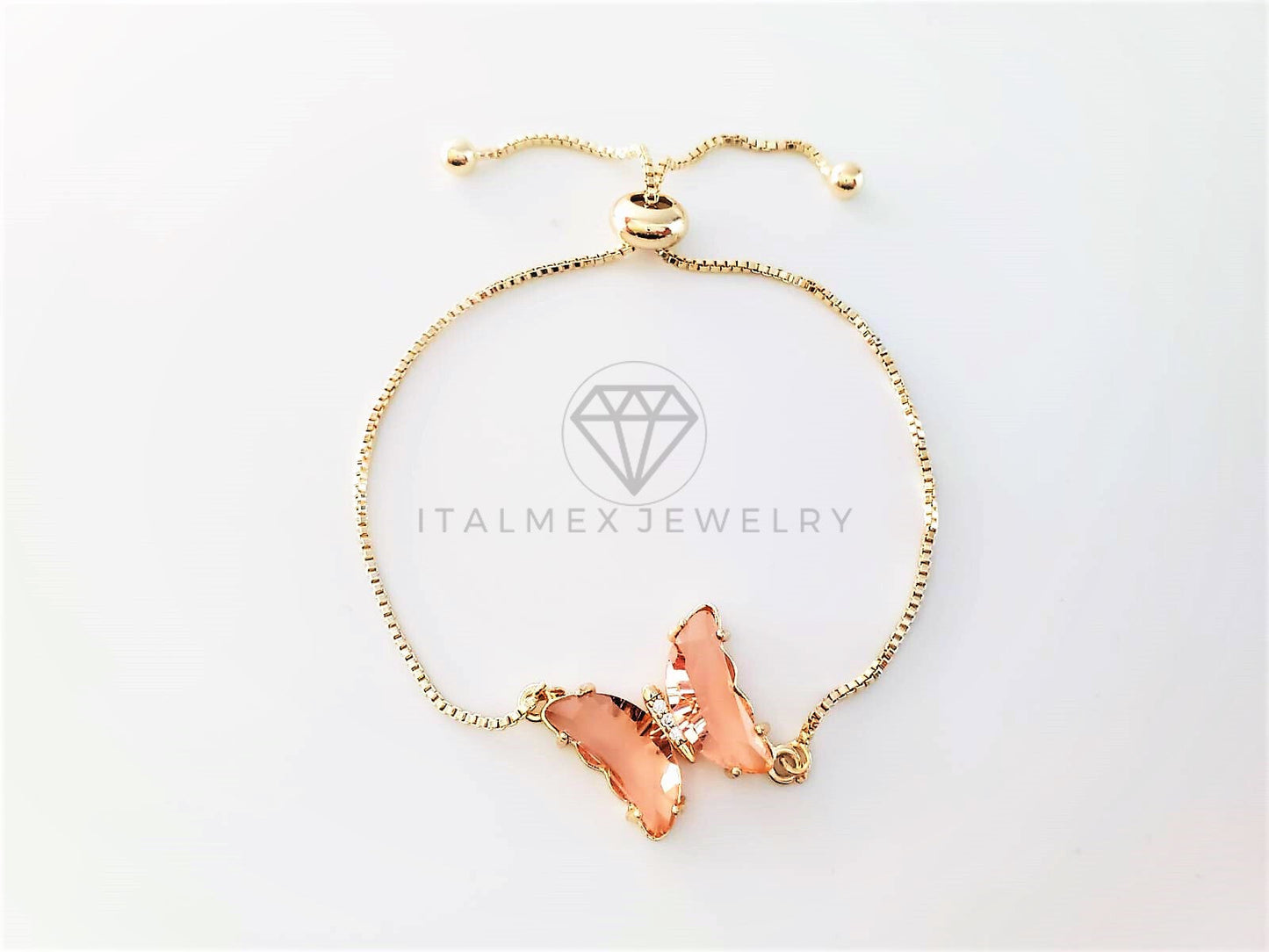Pulsera de Lujo - 103198 - Diseño Ajustable con Mariposa CZ Rosa Claro Oro Laminado 18K