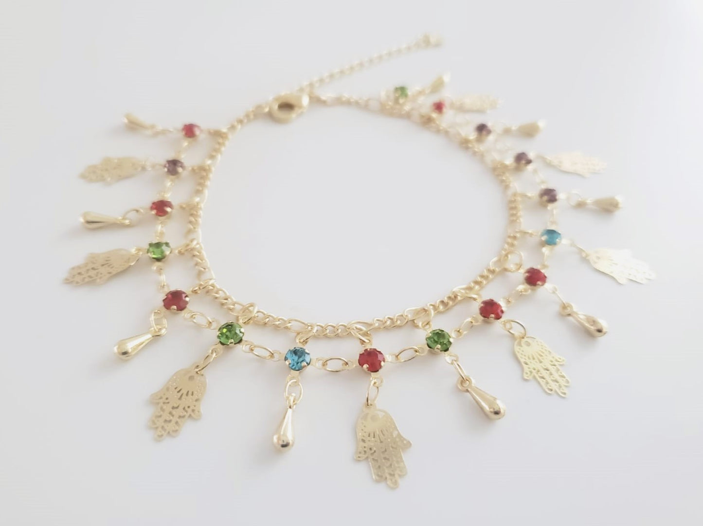 18K Gold-Plated Anklet | Hamsa Hand with Colorful CZ Design