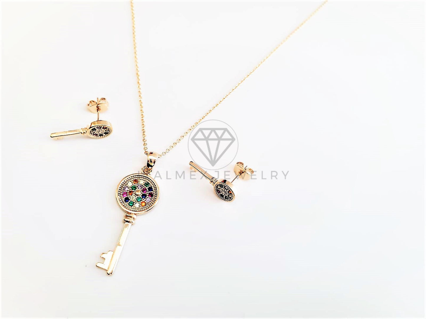 Juego de Lujo - 103048 - Diseño Llave CZ Colores Oro Laminado 18K