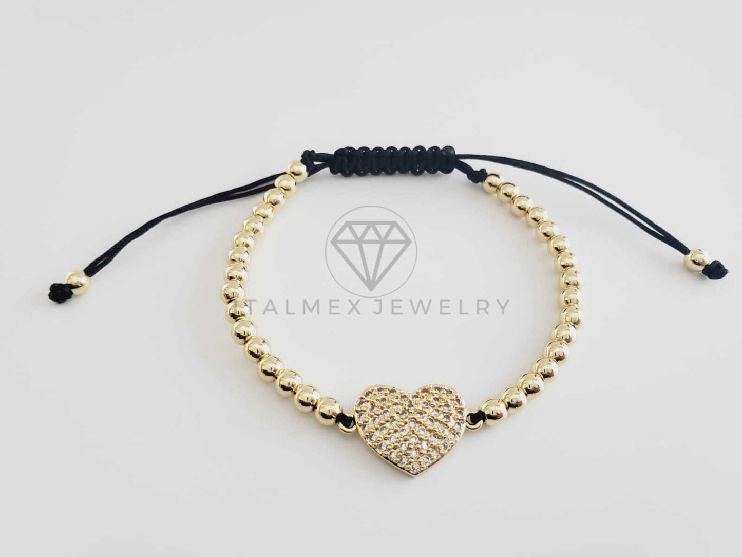 Pulsera de Lujo - 102681 - Diseño Bolitas con Corazón CZ Clara Oro Laminado 18K
