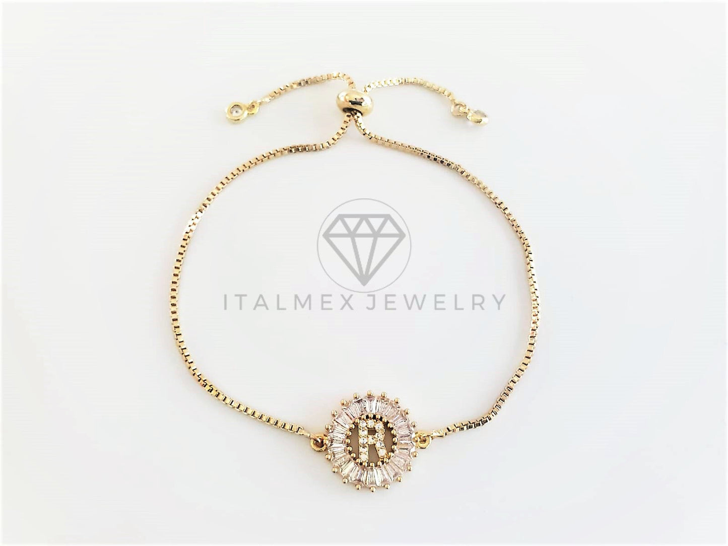 Pulsera Ajustable - 102640 - Diseño de Inicial "R" CZ Clara Oro Laminado 18K