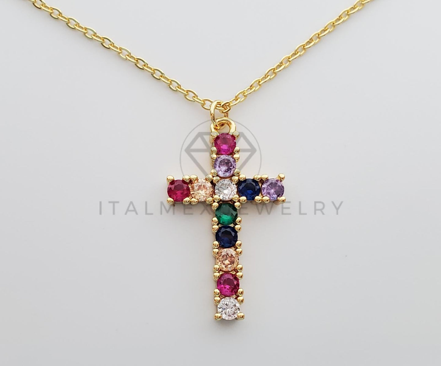 Collar Elegante - 100267 - Cruz con CZ Colores 20" Dorado Oro Laminado 18K