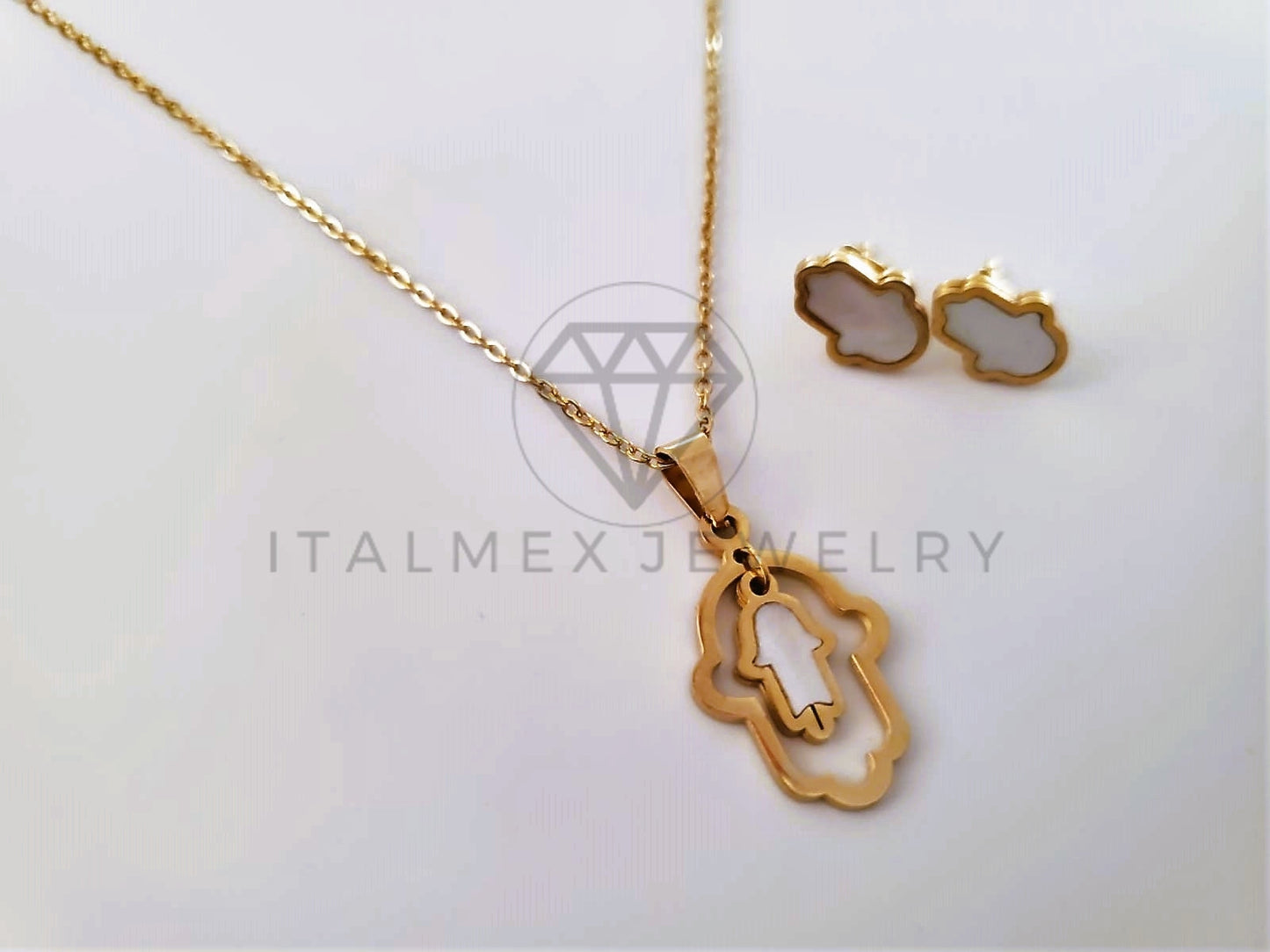 Juego de Lujo - 103955 - Diseño Mano Hamsa Perla Madre Oro Laminado 18K
