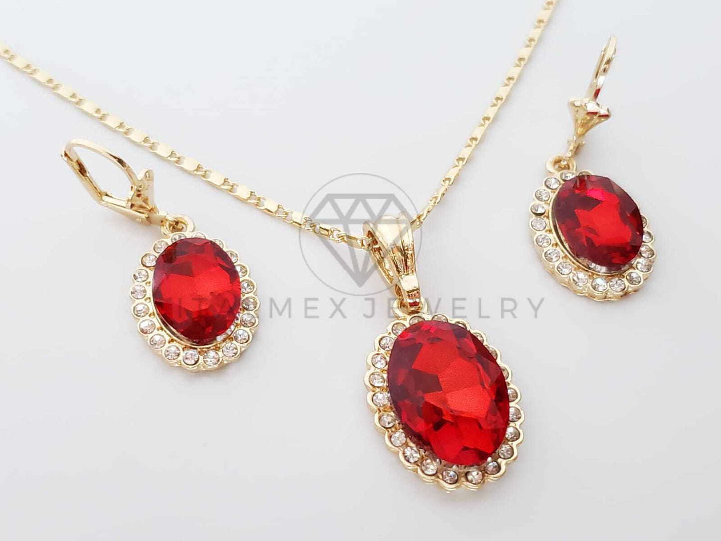 Juego de Lujo - 100633 - Diseño de CZ Oval Roja Oro Laminado 18K