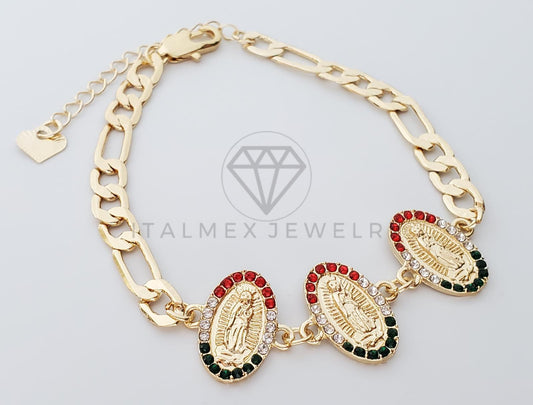 Pulsera Elegante - 100182 - Diseño de Virgen de Guadalupe Con CZ Tricolor Oro Laminado 18K