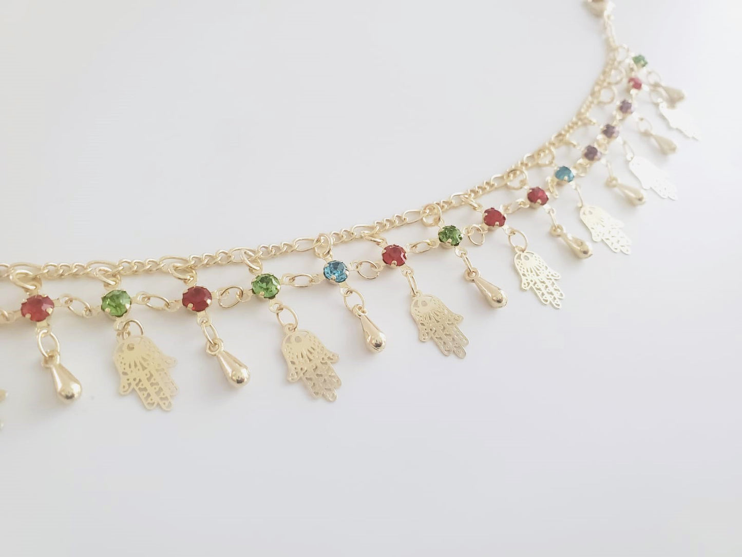 18K Gold-Plated Anklet | Hamsa Hand with Colorful CZ Design