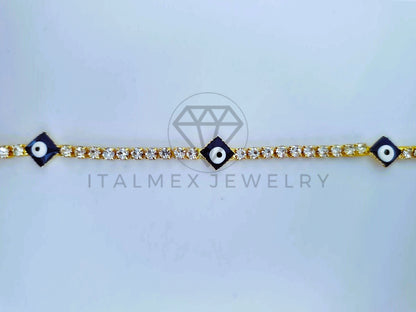Pulsera Elegante - 103574 - Pulsera Tira CZ Clara y Ojo Turco Azul Oro Laminado 18K