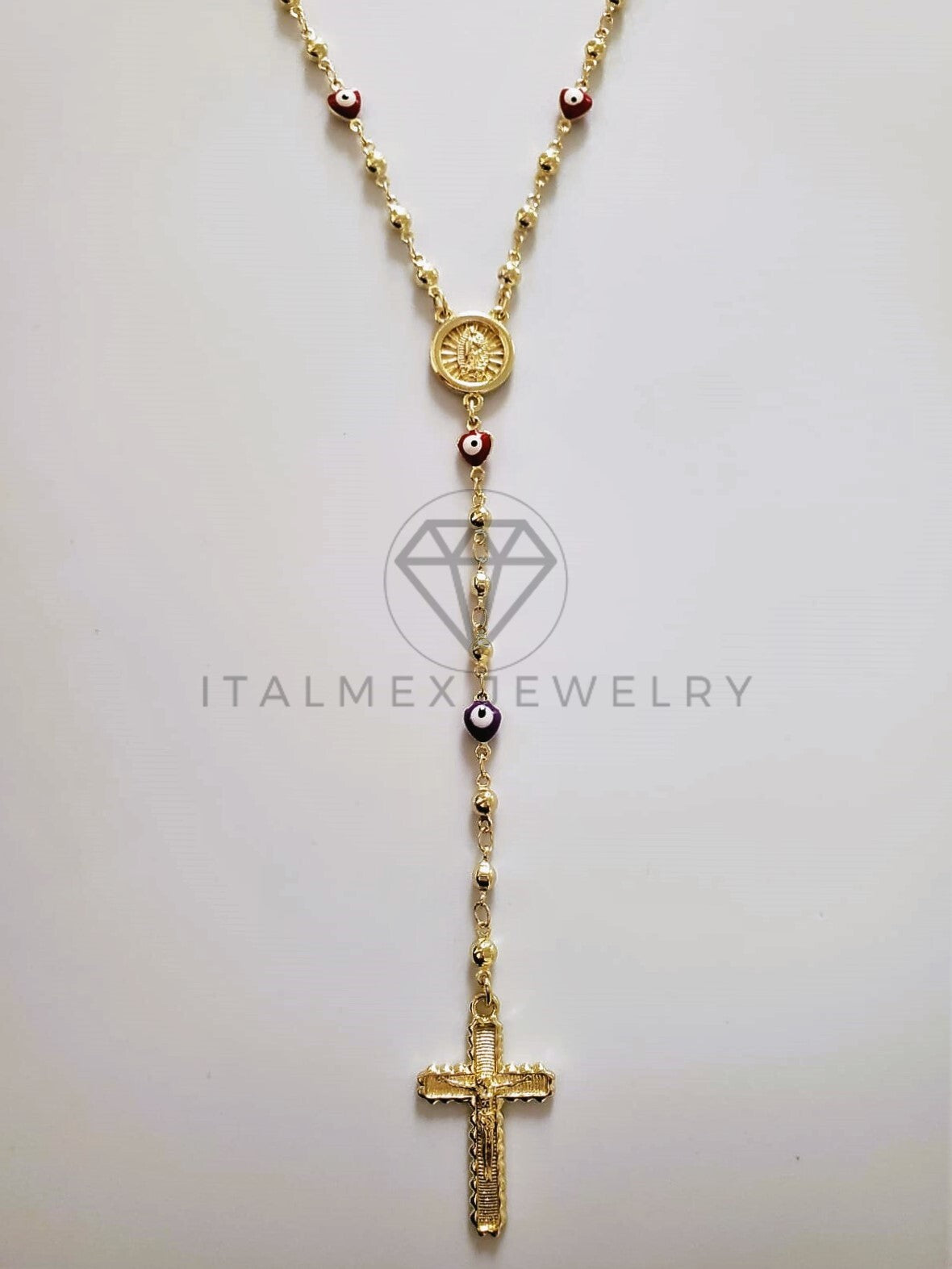 Rosario de Lujo - 104225 - Estilo Ojo Turco Corazón Medalla Virgen y Cristo Oro Laminado 18K