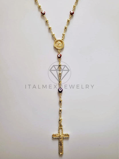 Rosario de Lujo - 104225 - Estilo Ojo Turco Corazón Medalla Virgen y Cristo Oro Laminado 18K
