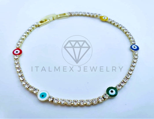 Pulsera Elegante - 103572 - Pulsera Tira CZ Clara y Ojo Turco Color Oro Laminado 18K