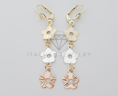Arete de Lujo - 100737 - Arete Largo de Flores 3 Tonos Oro Laminado 18K