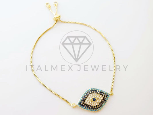 Pulsera Ajustable - 100341 - Diseño de Mal de Ojo CZ Azul Oro Laminado 18K
