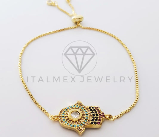 Pulsera Ajustable - 100348 - Diseño de Mano Hamsa CZ Colores Oro Laminado 18K