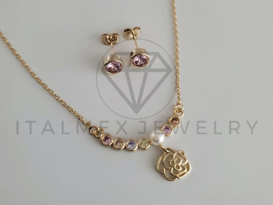 Juego de Lujo - 102145 - Diseño de rosa con Perla CZ Clara Oro Laminado 18K