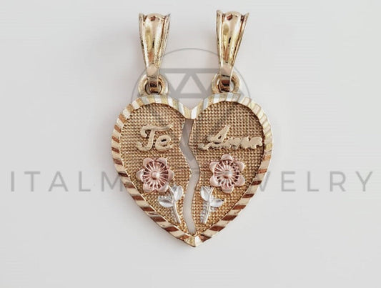 Dije Elegante - 102362 - Corazón Partido Flor TE AMO Tamaño Mediana Oro Laminado 18K