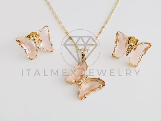 Juego de Lujo - 102408 - Diseño de Mariposas CZ Rosa Claro Oro Laminado 18K