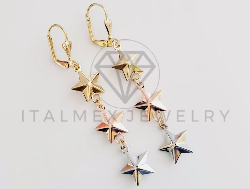 Arete de Lujo - 102469 - Arete Largo de Estrellas 3 Tonos Oro Laminado 18K
