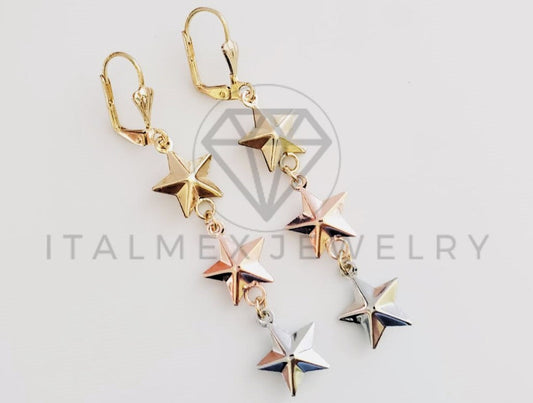 Arete de Lujo - 102469 - Arete Largo de Estrellas 3 Tonos Oro Laminado 18K