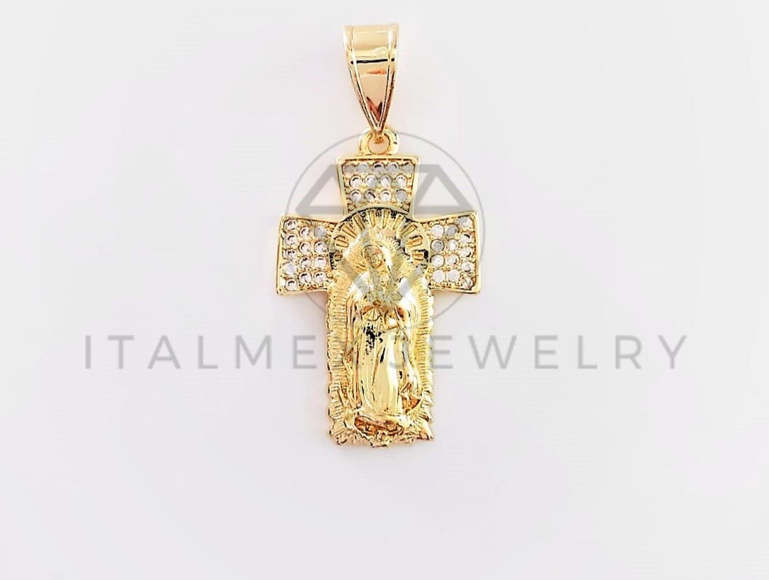 Dije Elegante - 102746 - Cruz Virgen de Guadalupe CZ Clara Tamaño Chico Oro Laminado 18K