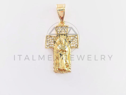 Dije Elegante - 102746 - Cruz Virgen de Guadalupe CZ Clara Tamaño Chico Oro Laminado 18K