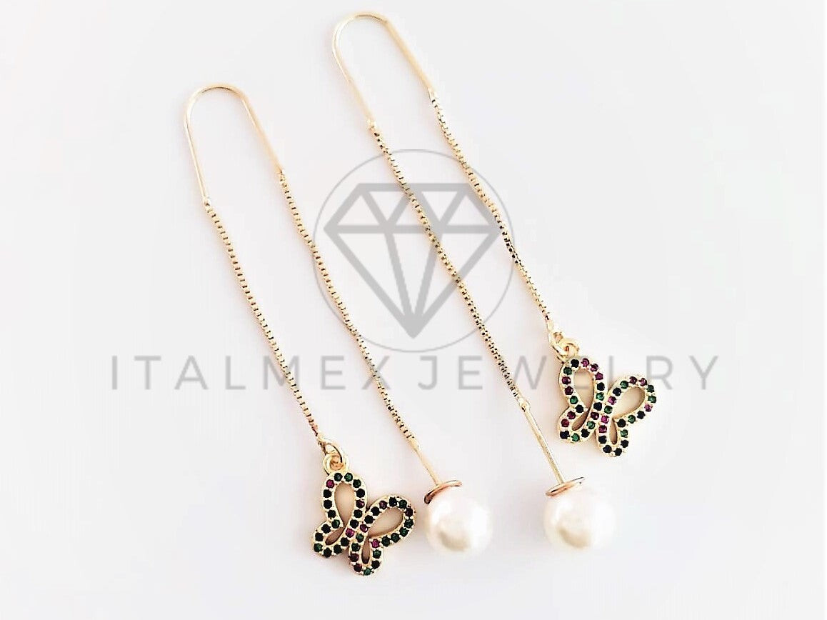 Arete de Lujo - 102800 - Violador con Perla y Dije Mariposa Oro Laminado 18K
