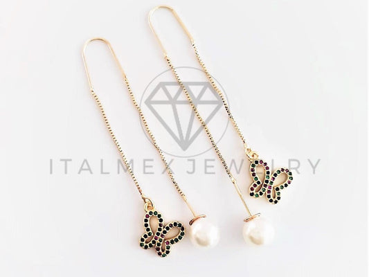 Arete de Lujo - 102800 - Violador con Perla y Dije Mariposa Oro Laminado 18K