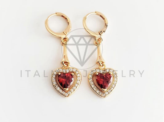 Arete Elegante - 102816 - Diseño de Corazón con CZ Roja Oro Laminado 18K