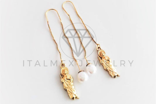 Arete de Lujo - 102822 - Violador con Perla y Dije San Judas Oro Laminado 18K
