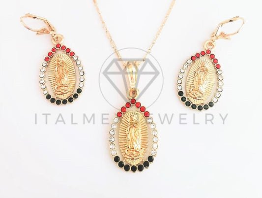 Juego de Lujo - 102939 - Diseño de Gota Virgen de Guadalupe CZ Tricolor Oro Laminado 18K