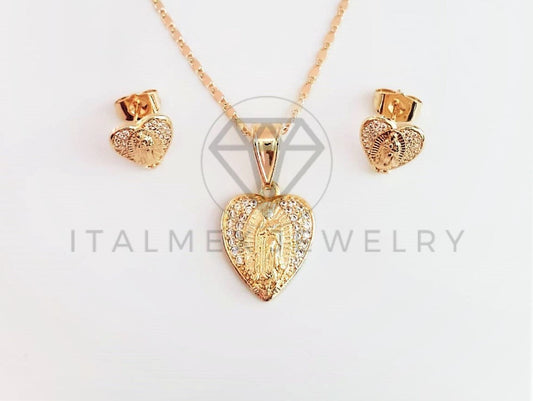 Juego de Lujo - 102949 - Diseño de Corazón y Virgen CZ Clara Oro Laminado 18K
