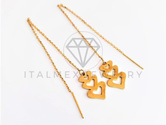 Arete de Lujo - 103155 - Arete Violador con Dije 3 Corazones Oro Laminado 18K