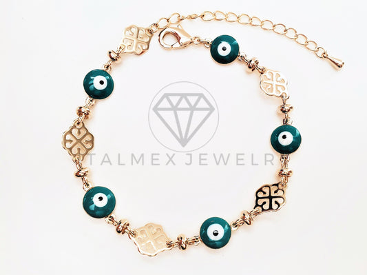 Pulsera de Lujo - 103437 - Diseño Trebol y Ojo Turco Azul Oro Laminado 18K