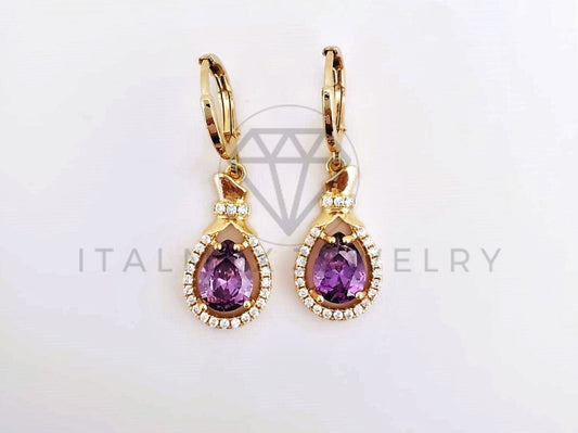 Arete de Lujo - 103533 - Diseño Gota Pavé CZ Morada y Clara Oro Laminado 18K