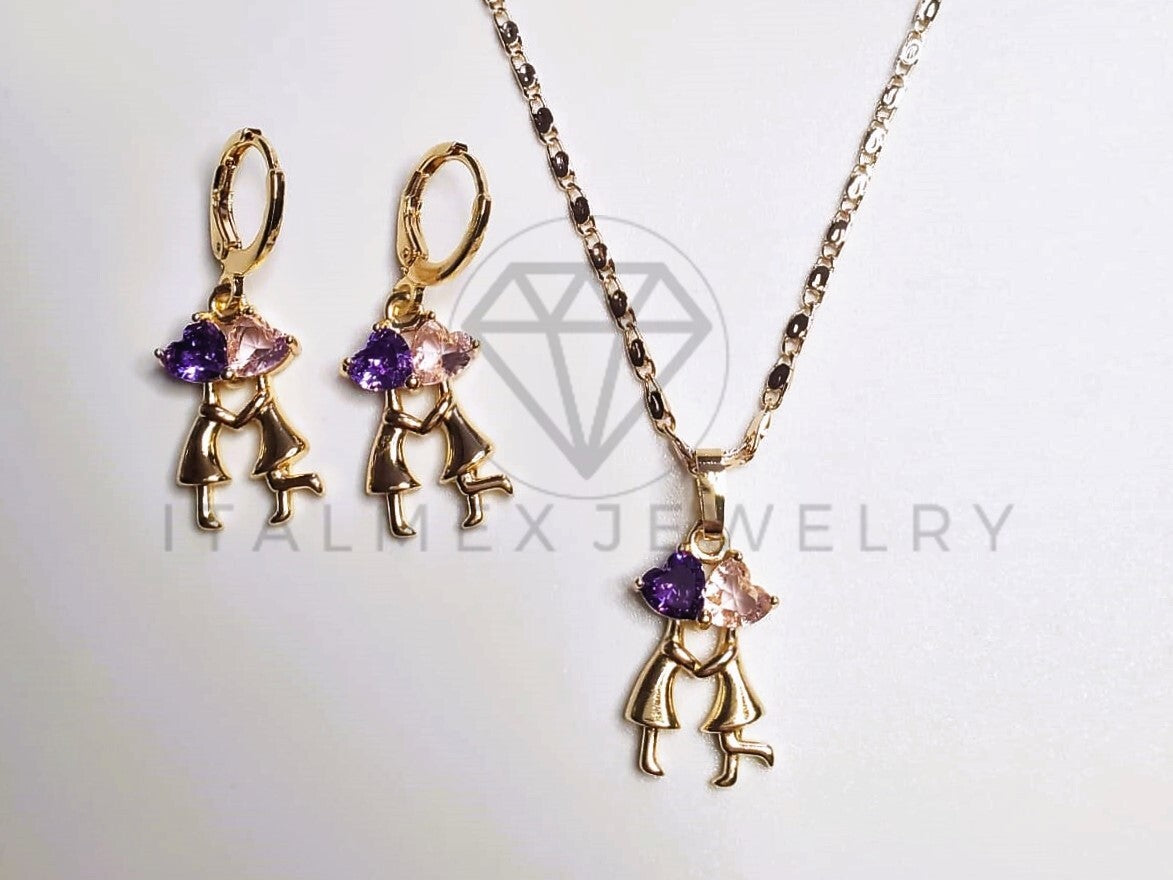 Juego de Lujo - 103652 - Diseño de Pareja Amor CZ Rosa y Morada Oro Laminado 18K