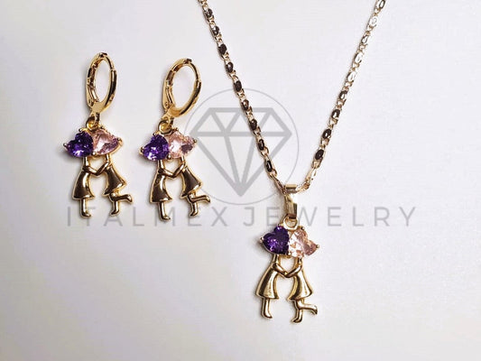 Juego de Lujo - 103652 - Diseño de Pareja Amor CZ Rosa y Morada Oro Laminado 18K