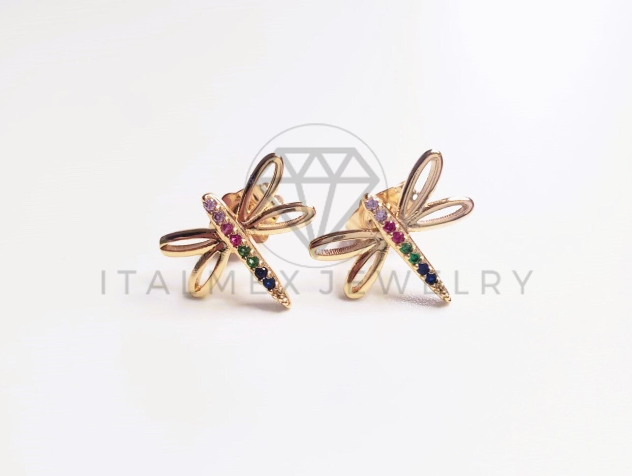 Broquel de Lujo - 103671 - Diseño de Libelula CZ Colores Oro Laminado 18K