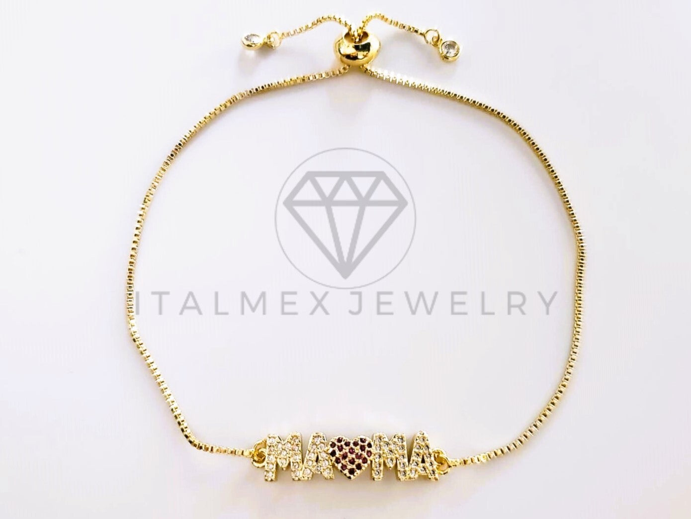 Pulsera de Lujo - 103731 - Diseño Ajustable Mamá Corazón CZ Rosa Oro Laminado 18K