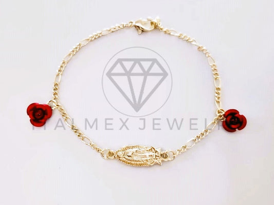 Pulsera Elegante - 103995 - Pulsera Virgen de Guadalupe y Rosas Rojas Oro Laminado 18K