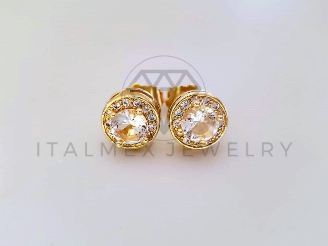 Broquel de Lujo - 104054 - Diseño Biselado CZ Redonda Clara Oro Laminado 18K