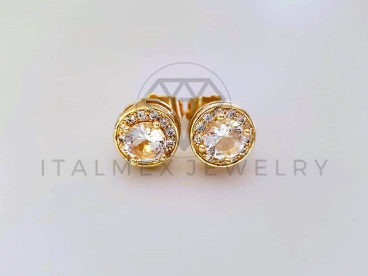 Broquel de Lujo - 104054 - Diseño Biselado CZ Redonda Clara Oro Laminado 18K