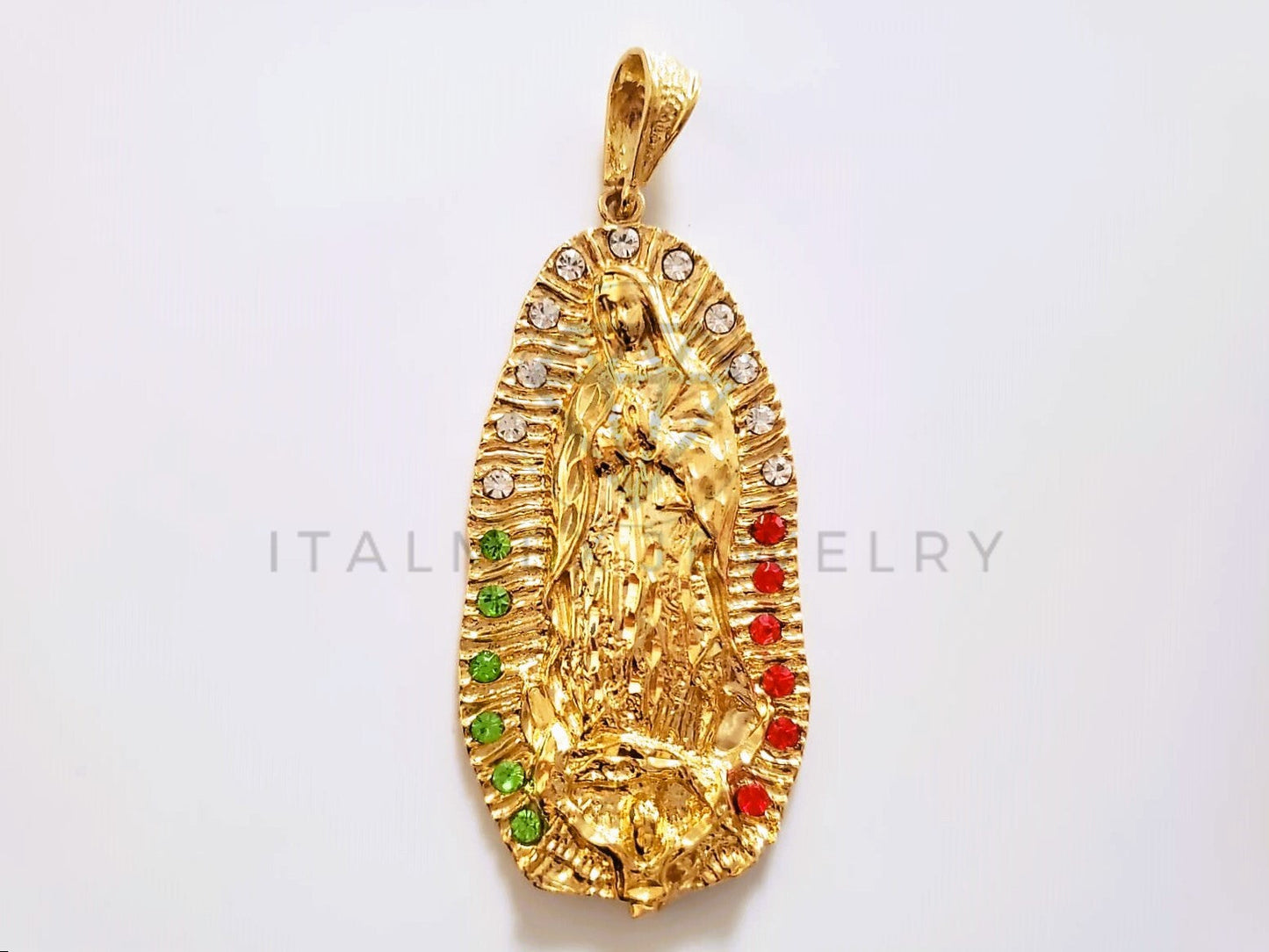 Dije Religioso - 104156 - Virgen de Guadalupe Circonia Tricolor Oro Laminado 18K