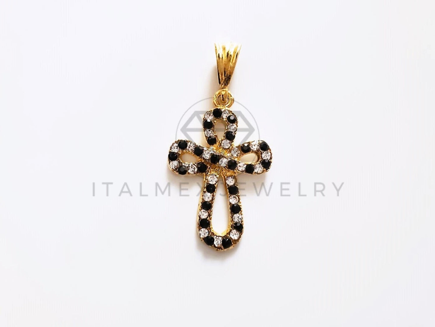 Dije Elegante - 104183 - Dije Cruz Moderna Circonia Clara y Negra Oro Laminado 18K