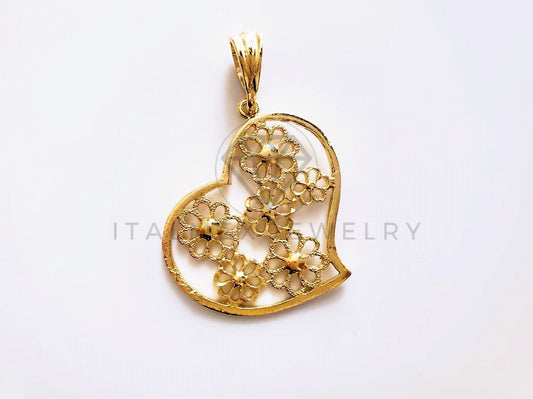 Dije Elegante - 104201 - Dije de Corazón Laser con Flores Oro Laminado 18K