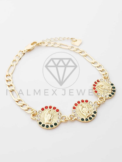 Pulsera Elegante - 100219 - Diseño de Moneda de la Virgen de Guadalupe Con CZ Tricolor Oro Laminado 18K