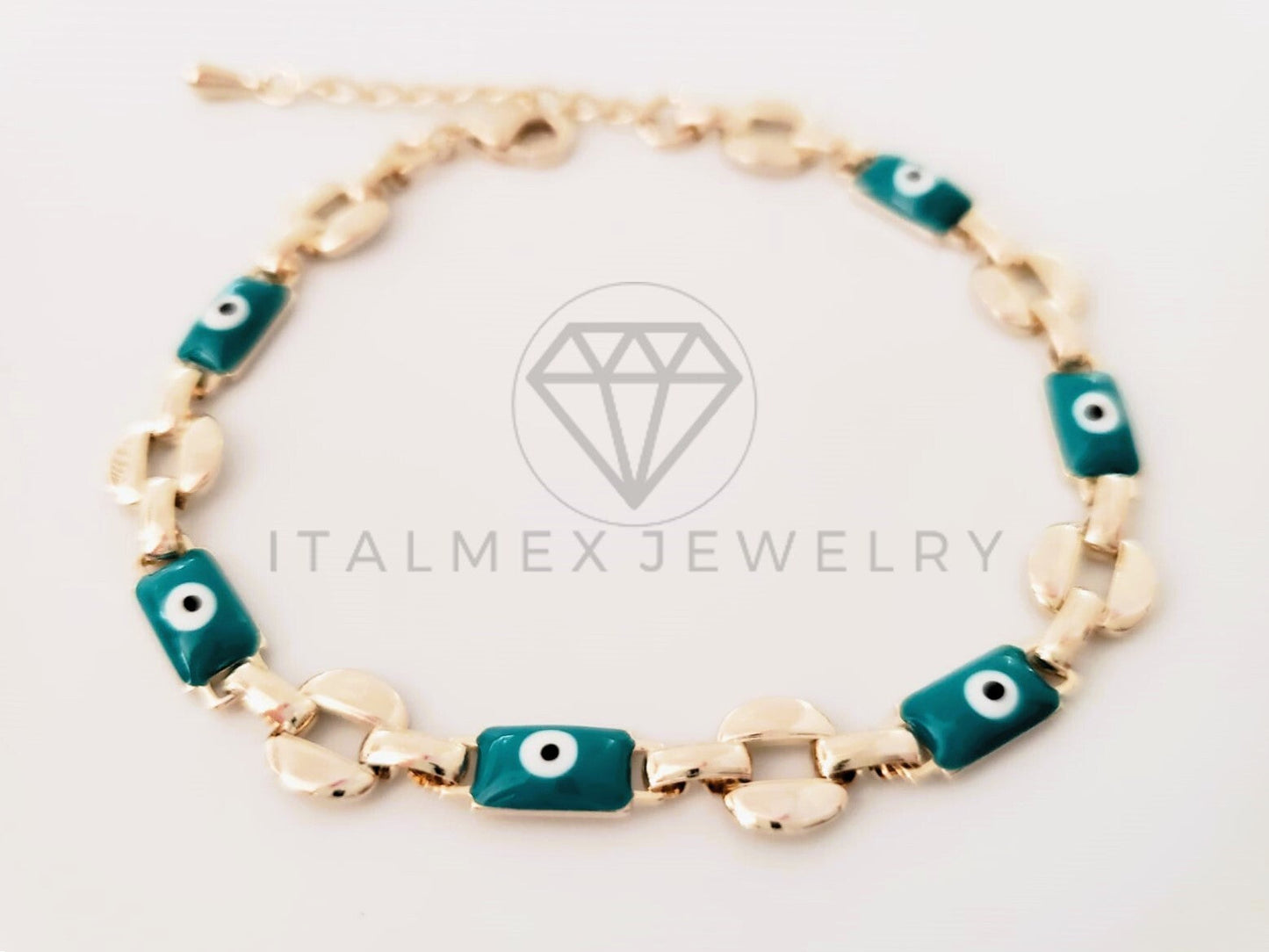 Pulsera de Lujo - 105282 - Pulsera Eslabon Italiano y Ojo Turco Azul Oro Laminado 18K