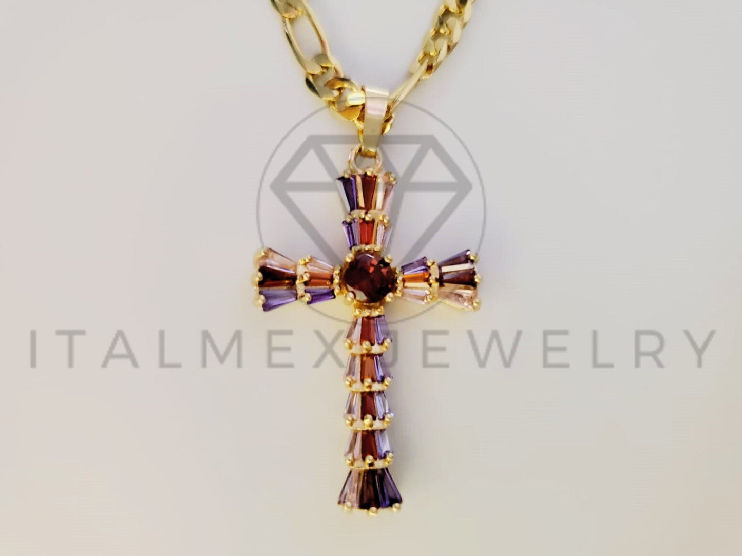 Dije de Lujo - 105122 - Dije Cruz con Circonia Colores Oro Laminado 18K