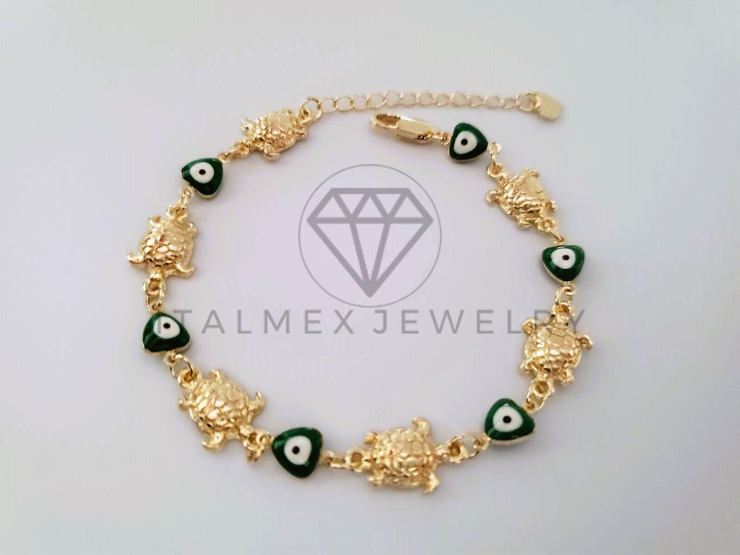 Pulsera Elegante - 104489 - Pulsera Tortugas y Corazon Ojo Turco Verde Oro Laminado 18K