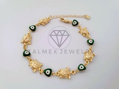 Pulsera Elegante - 104489 - Pulsera Tortugas y Corazon Ojo Turco Verde Oro Laminado 18K