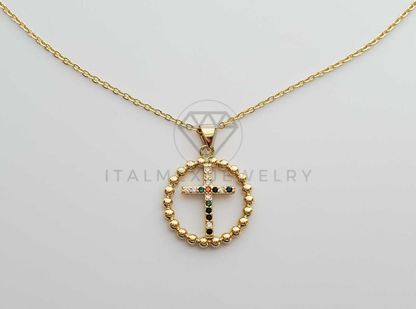 Collar Elegante - 100266 - Cruz con CZ Colores 20" Dorado Oro Laminado 18K