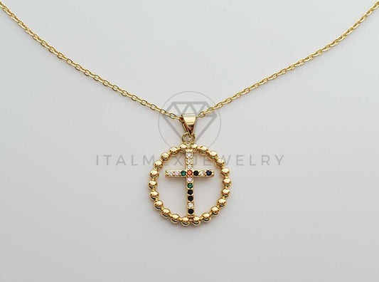 Collar Elegante - 100266 - Cruz con CZ Colores 20" Dorado Oro Laminado 18K